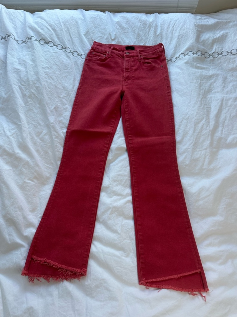 MOTHER Red Frayed Hem Flare Jeans